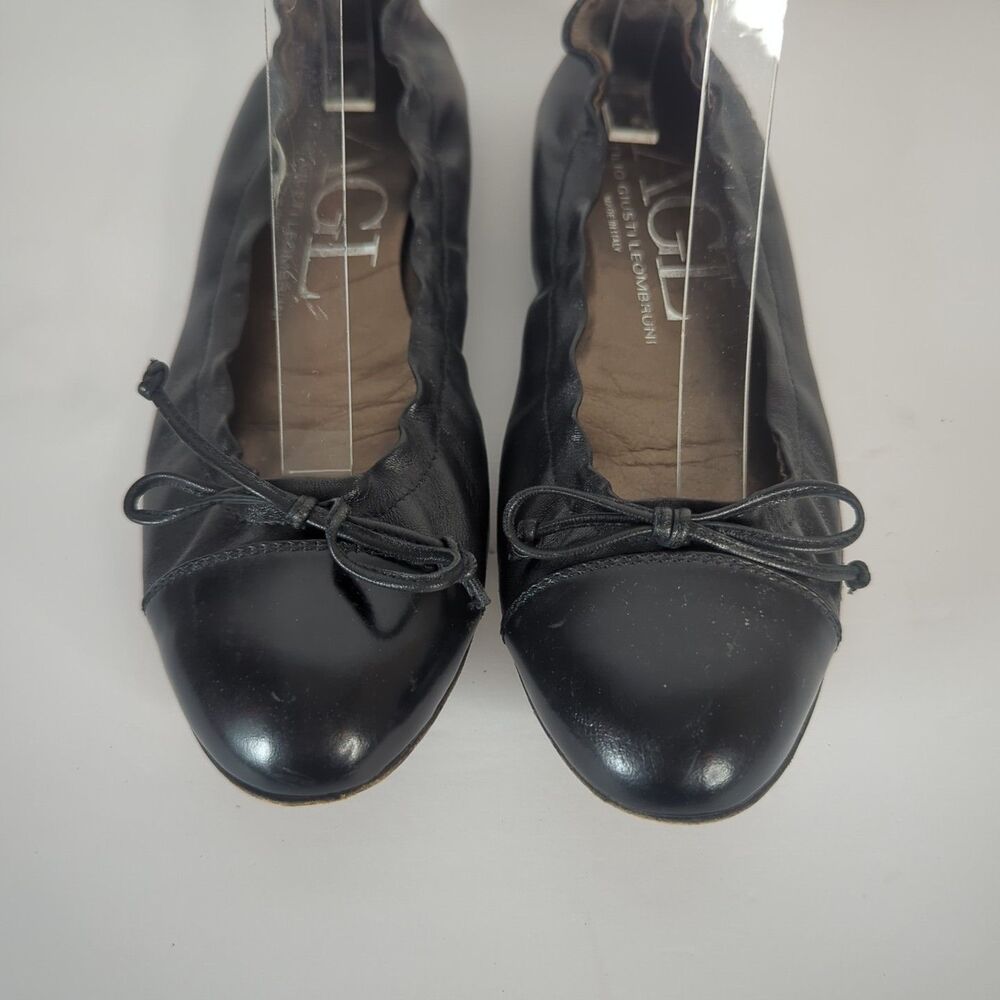 AGL Black Leather Ballet Flat Cap Toe Women Size 37.5 US 7 Bow Elastic Italy - Picture 4 of 10